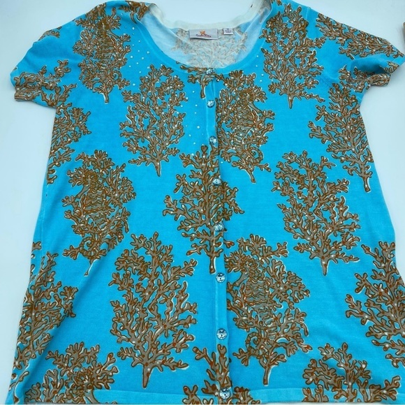 NWOT Quacker Factory Coral Seahorse Ocean Print Button Knit Short Sleeve Blouse - Picture 1 of 6